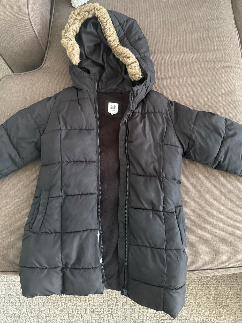 GAP Kids Black Puffer Jacket with Faux-Fur Trim Hood